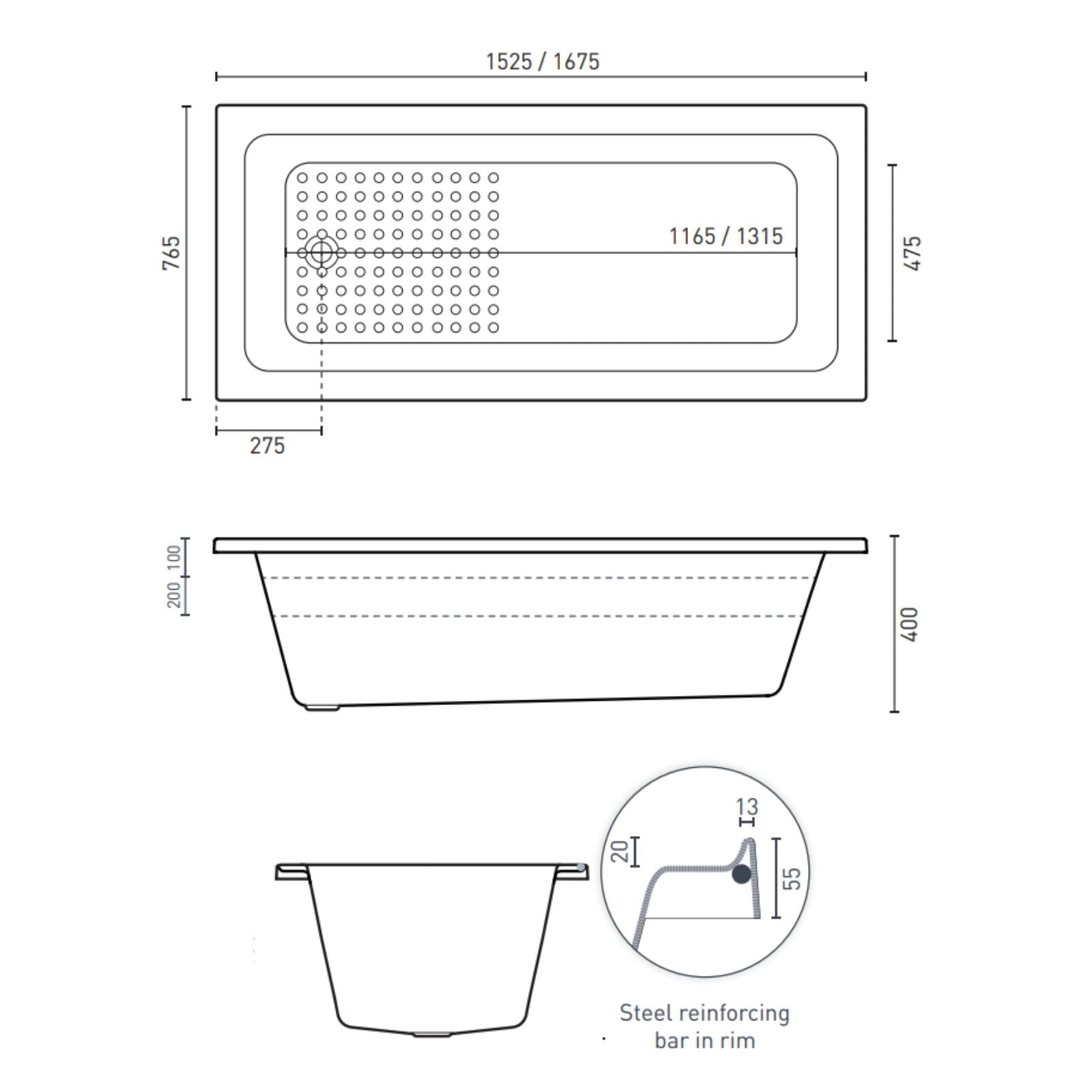 Technical Drawing Decina Fabrino 1525 Inset Bath FA1525W - The Blue Space