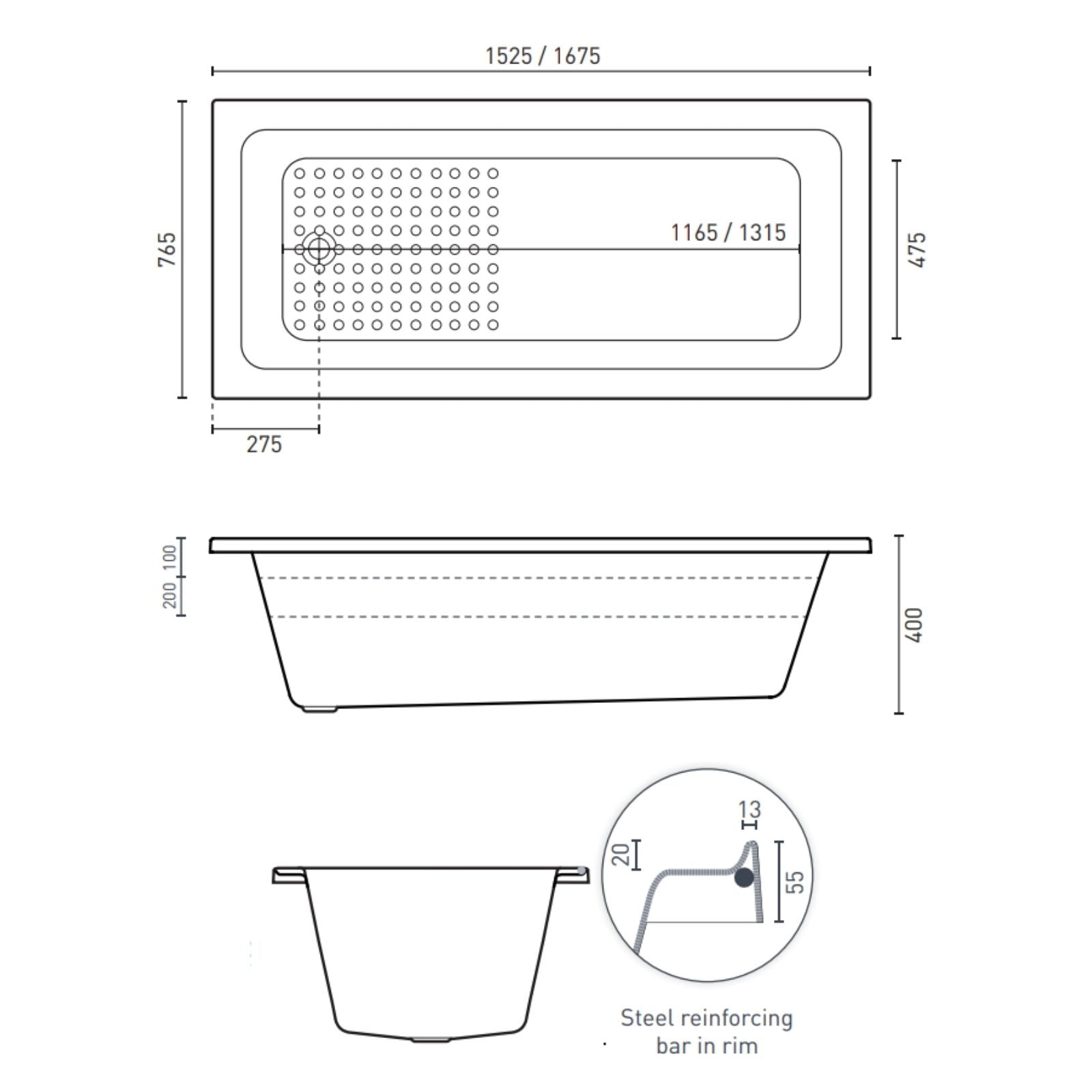 Technical Drawing Decina Fabrino 1675 Inset Bath FA1675W - The Blue Space