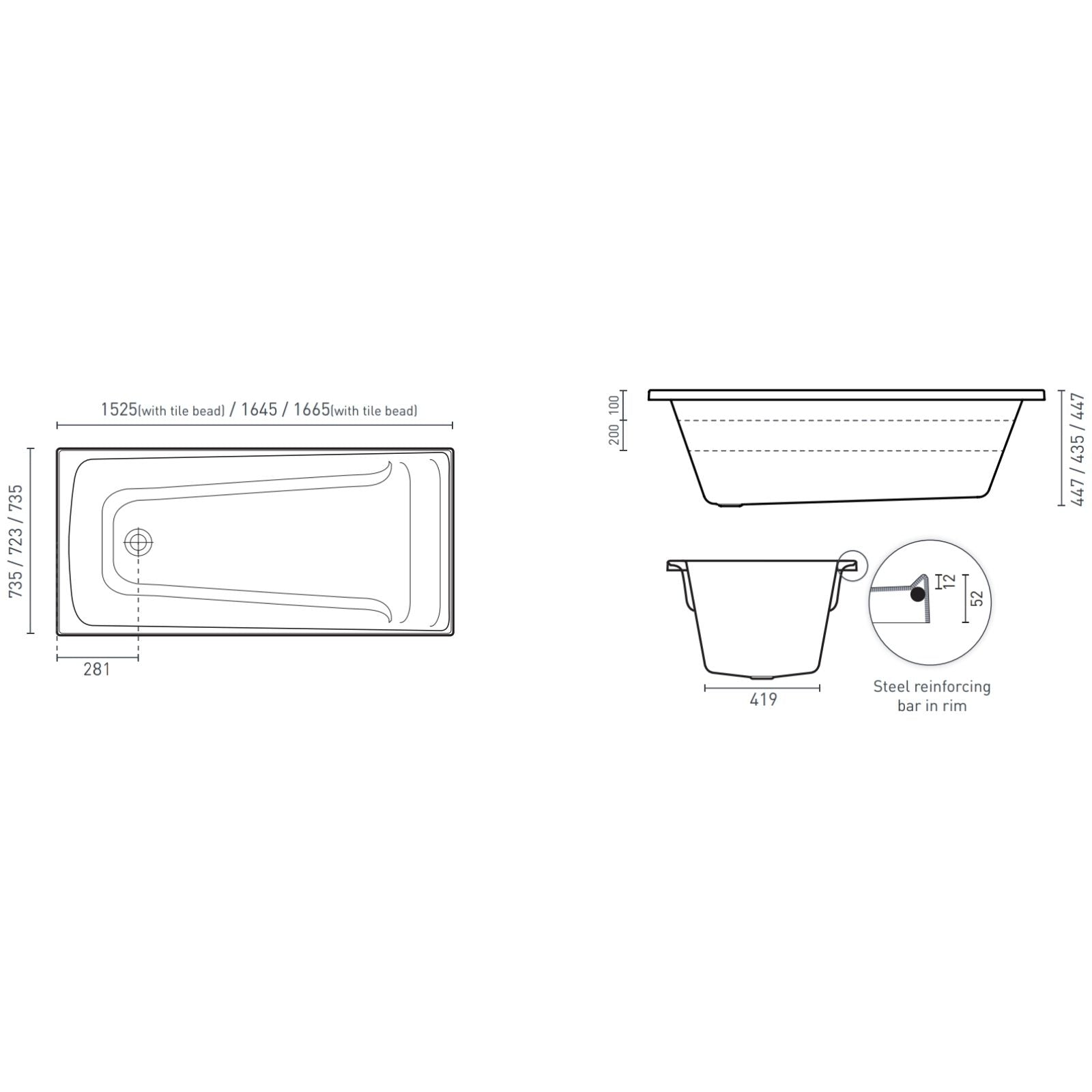 Technical Drawing Decina Novara 1525 Santai 10-Jet Spa Bath NT1525SAN10JW - The Blue Space