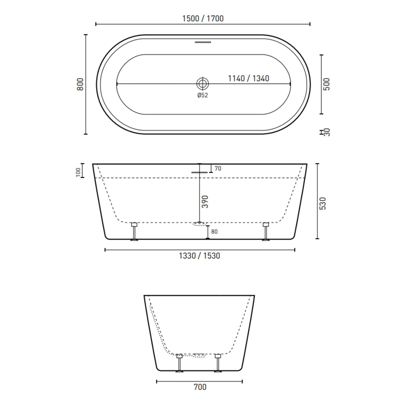 Technical Drawing Decina Prezzo 1500 Freestanding Bath with Integrated Overflow PR1500WIO - The Blue Space
