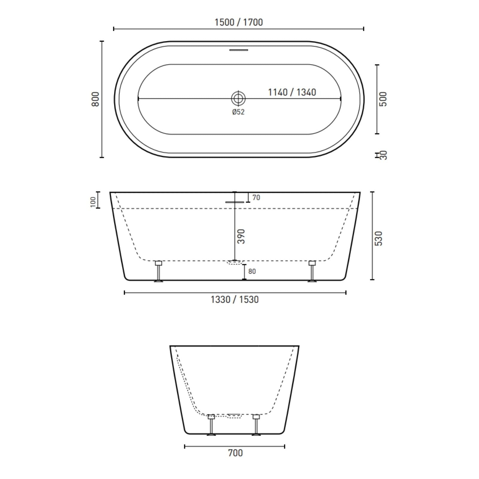 Technical Drawing Decina Prezzo 1700 Freestanding Bath with Integrated Overflow PR1700WIO - The Blue Space