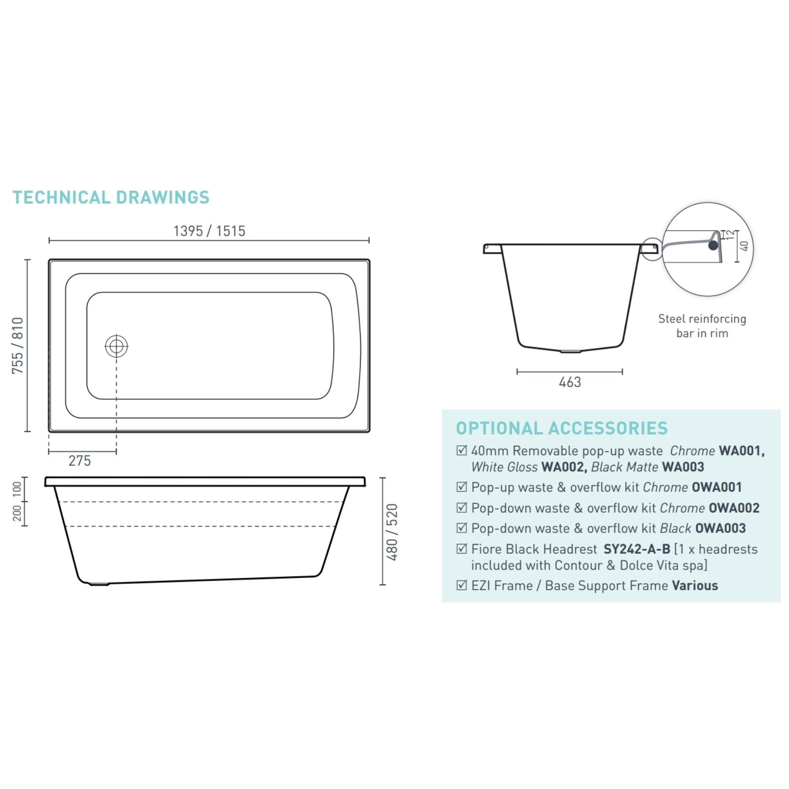 Technical Drawing Decina Shenseki 1395/1515 Dolce Vita 16-Jet Spa Bath SHEN1510DVSPAWC - The Blue Space