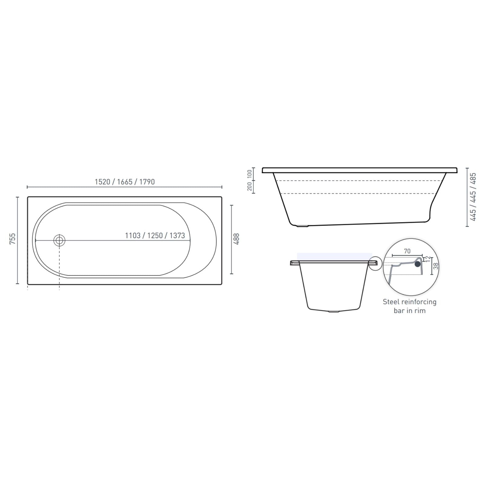 Technical Drawing Decina Turin 1665 Santai 10-Jet Spa Bath TU1665SAN10JW - The Blue Space