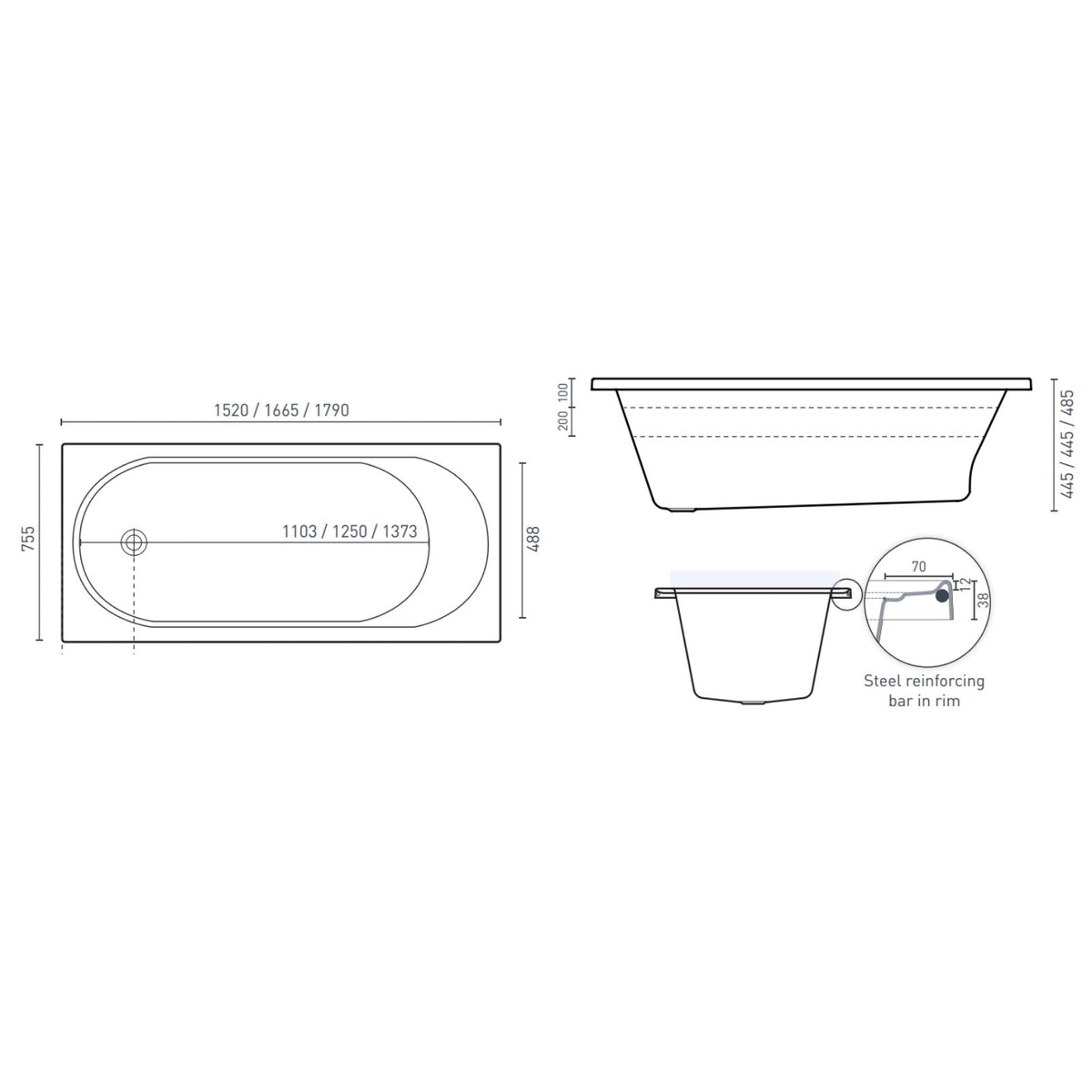 Technical Drawing Decina Turin 1665 Santai 10-Jet Spa Bath TU1665SAN10JW - The Blue Space