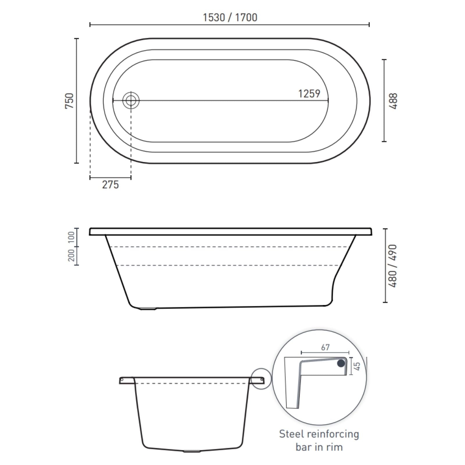 Technical Drawing Decina Uno 1700 Island Bath UN1700W - The Blue Space