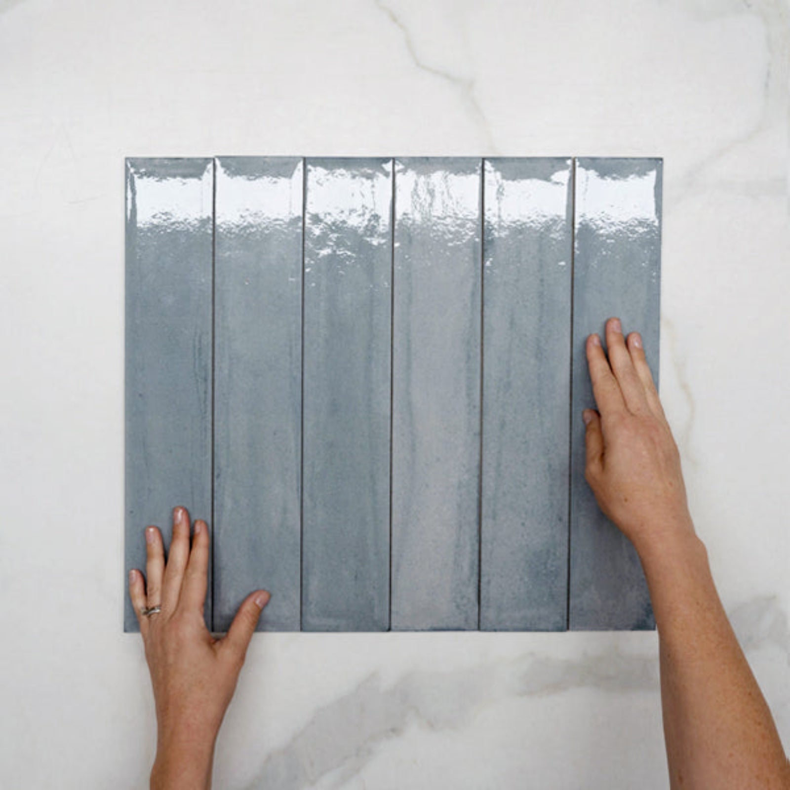 Faces With Hand Dove Grey Theo Subway Tile 75 x 400mm Italian Porcelain - The Blue Space