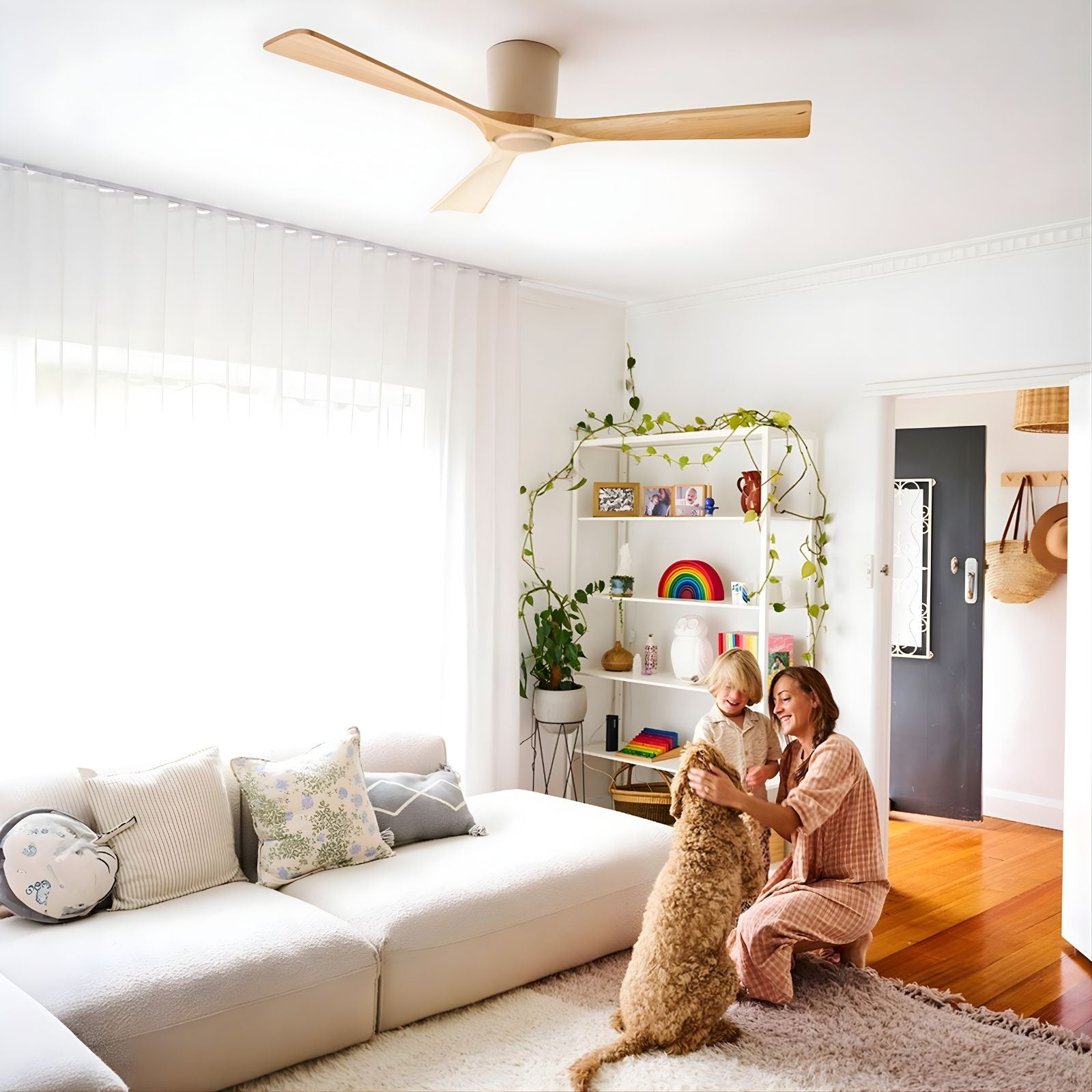 Lifestyle Fanco EarthFirst Gaia 48" (122cm) DC Ceiling Fan with Base Cap- Ecru and Natural Timber F2201/619A - The Blue Space