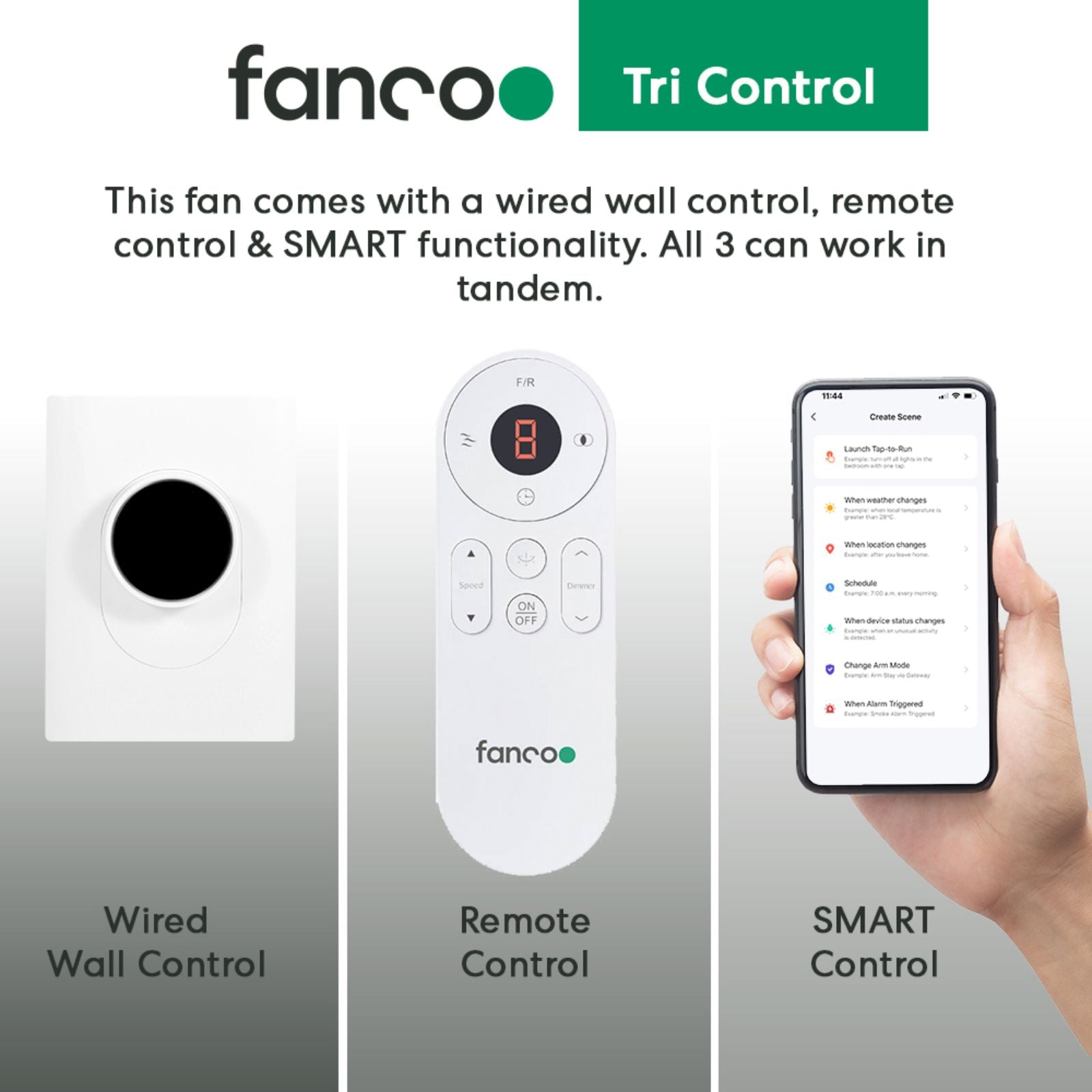 Tri Control Fanco Eco Silent Deluxe DC 1420mm Ceiling Fan with Remote & Wall Control White W-CFFCESD24WH-WC - The Blue Space