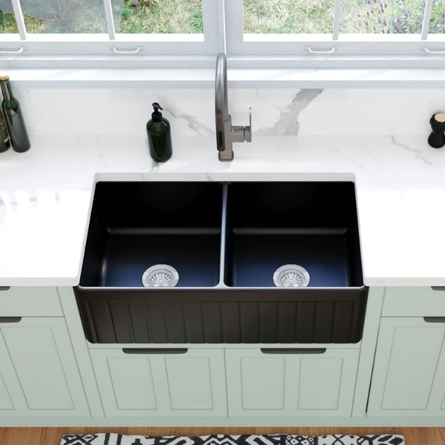 Lifestyle 3 Fienza Benson Butler Sink Double 828 Reversible Fluted & Flat Fire Clay Matte Black 828X452X255mm 68709 - The Blue Space