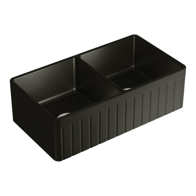 Fienza Benson Butler Sink Double 828 Reversible Fluted & Flat Fire Clay Matte Black 828X452X255mm 68709 - The Blue Space