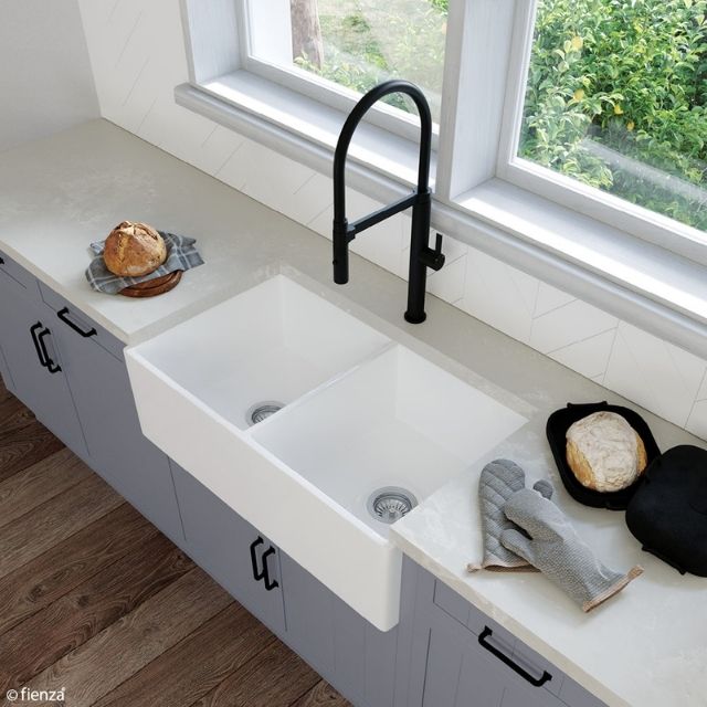 Lifestyle 1 Fienza Charlton Butler Sink Double Reversible Fluted & Flat 835mm Fire Clay Gloss White 68702 - The Blue Space