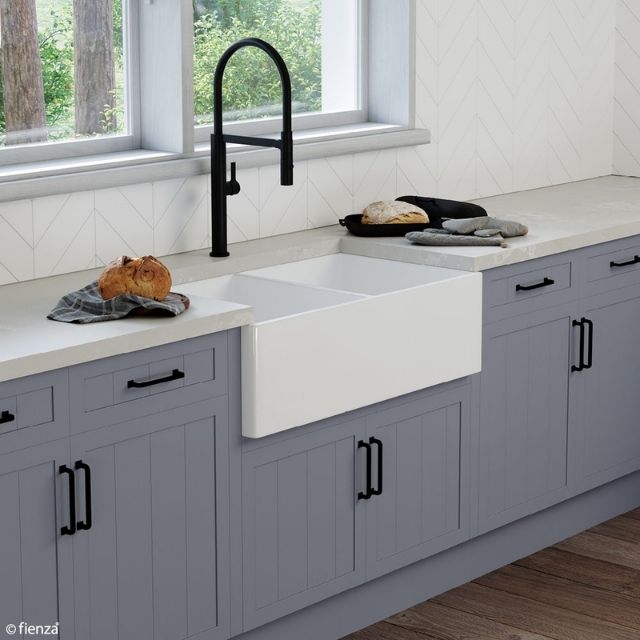 Lifestyle 2 Fienza Charlton Butler Sink Double Reversible Fluted & Flat 835mm Fire Clay Gloss White 68702 - The Blue Space