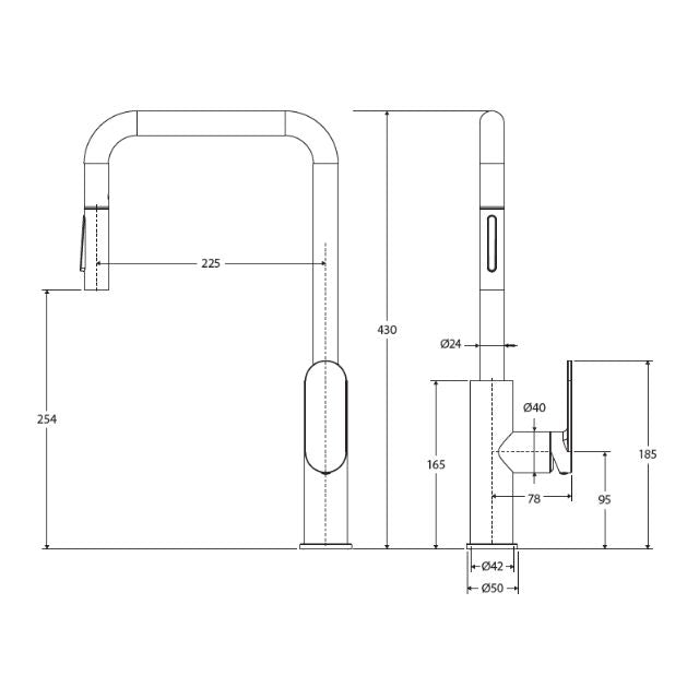 Technical Drawing Fienza Empire Slim Pull Out Sink Mixer Brushed Copper 234108CO-LF - The Blue Space