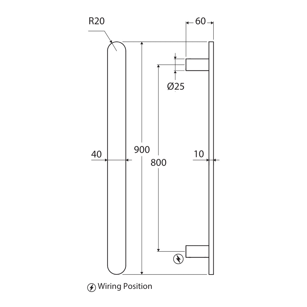 Technical Drawing Fienza Empire Slim Vertical Heated Towel Rail 60 x 900mm Brushed Nickel 889900BN - The Blue Space