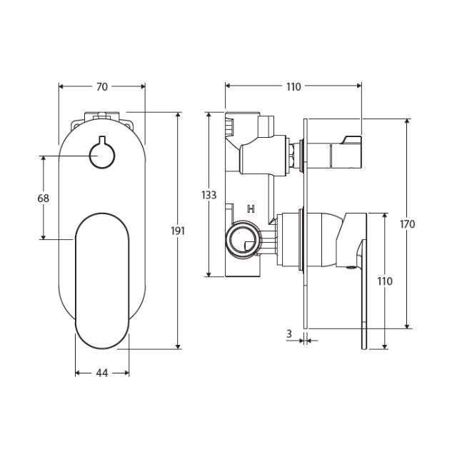 Technical Drawing Fienza Empire Slim Wall Diverter Mixer Large Oval Plate Vertical Urban Brass 234102UB-LF - The Blue Space