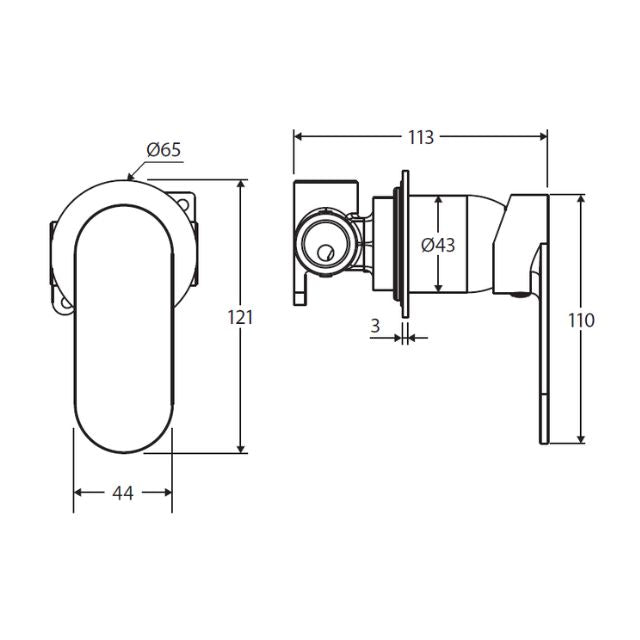 Technical Drawing Fienza Empire Slim Wall Mixer Round Plate Matte Black 234101B-2-LF - The Blue Space