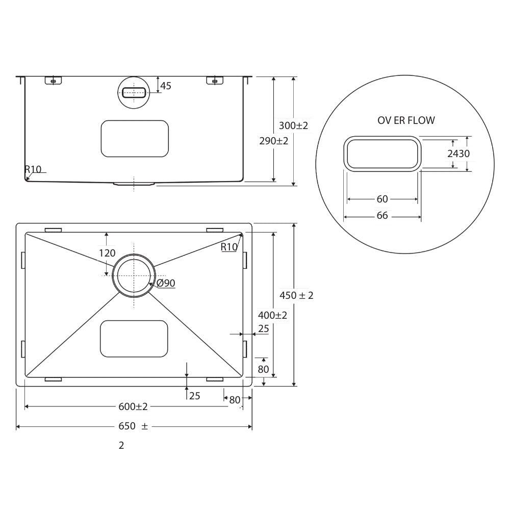 Technical Drawing Fienza Hana 70L Laundry Sink with Overflow 68505 - The Blue Space