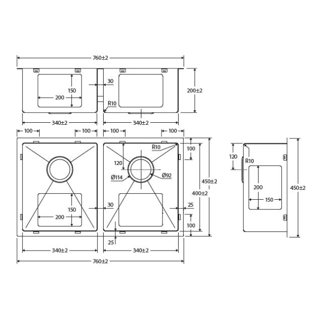 Technical Drawing Fienza Hana Double Bowl Sink 27L-27L Anti Scratch 760X450X200mm 68403AS - The Blue Space