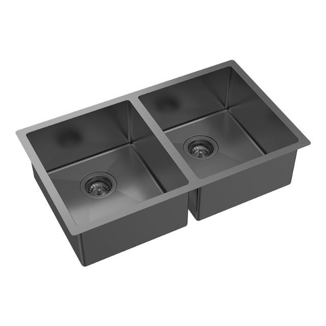 Angle Fienza Hana Double Bowl Sink 27L-27L Carbon Metal Includes Sink Protect Top/Undermount 760X450X200mm 68403CM - The Blue Space