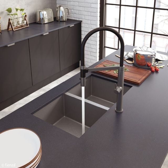 Lifestyle Fienza Hana Double Bowl Sink 27L-27L Carbon Metal Includes Sink Protect Top/Undermount 760X450X200mm 68403CM - The Blue Space