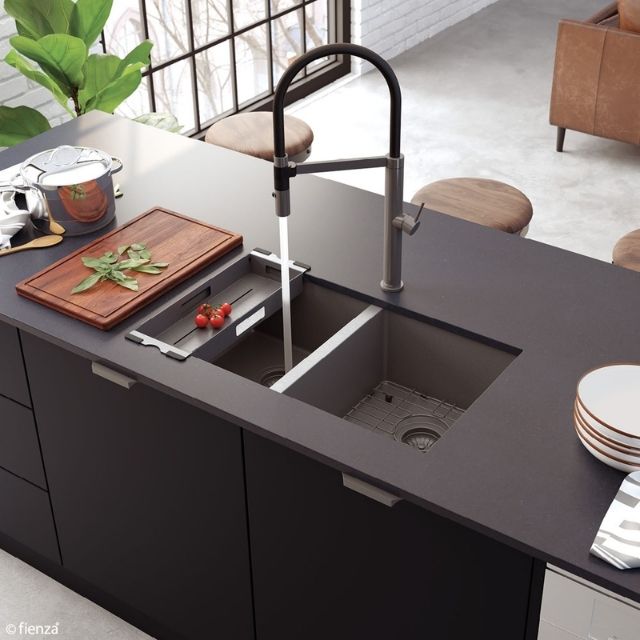 Shop Fienza Hana Double Bowl Sink 27L-27L Carbon Metal Includes Sink Protect Top/Undermount 760X450X200mm 68403CM - The Blue Space