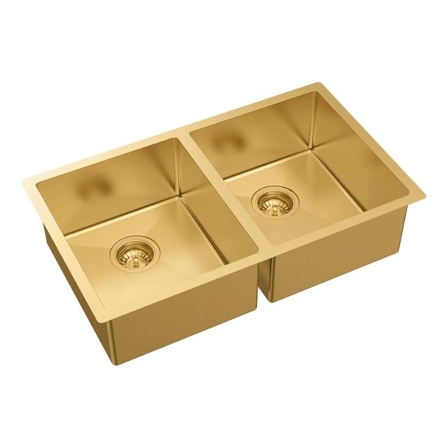 Angle Fienza Hana Double Bowl Sink 27L-27L Rugged Brass Includes Sink Protect Top/Undermount 760X450X200mm 68403RB - The Blue Space