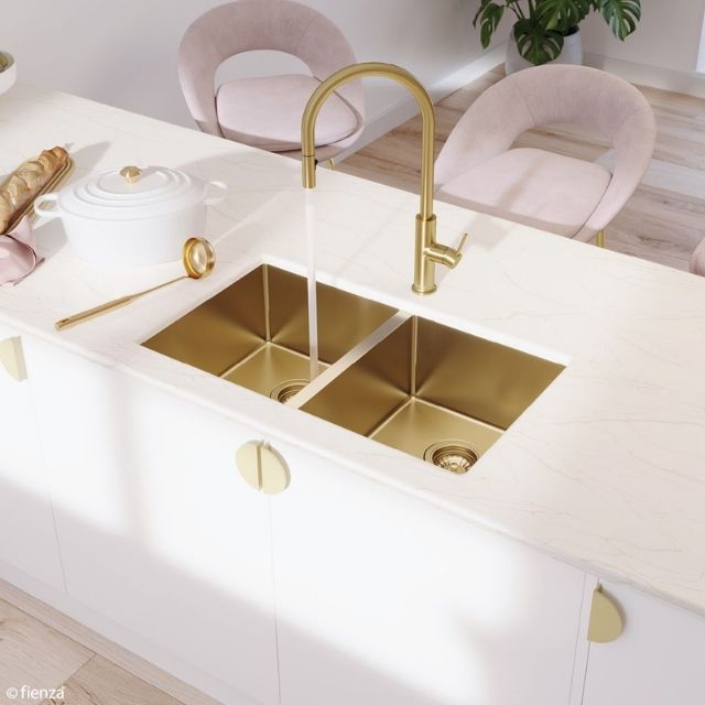 Shop Fienza Hana Double Bowl Sink 27L-27L Rugged Brass Includes Sink Protect Top/Undermount 760X450X200mm 68403RB - The Blue Space