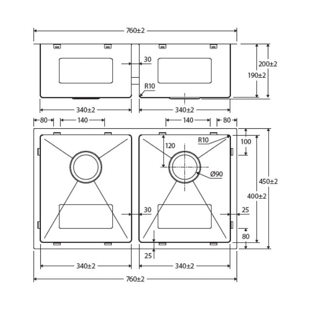 Technical Drawing Fienza Hana Double Bowl Sink 27L-27L Rugged Brass Includes Sink Protect Top/Undermount 760X450X200mm 68403RB - The Blue Space