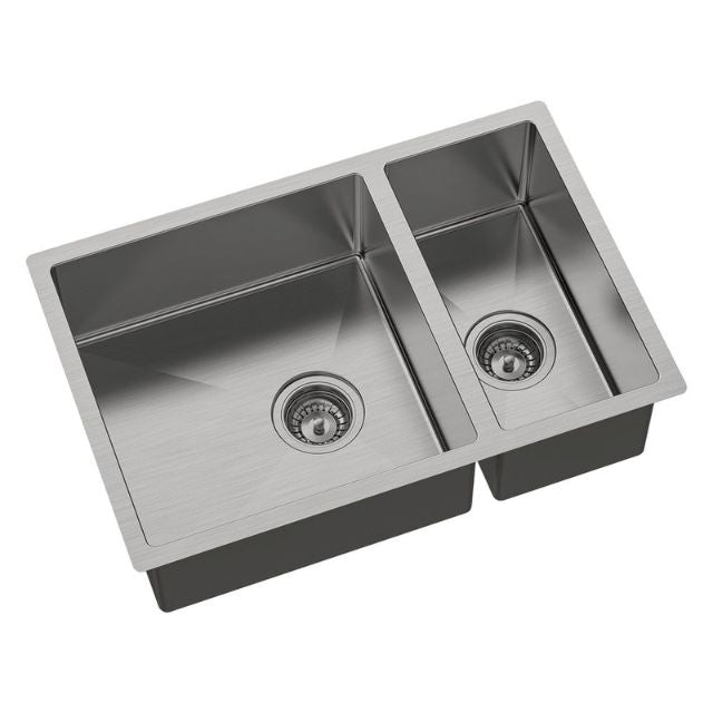 Angle Fienza Hana Double Bowl Sink 30L-15L Top/Undermount NTH Includes 2 Waste 10 Mount Clips 680X450X200mm 68407 - The Blue Space
