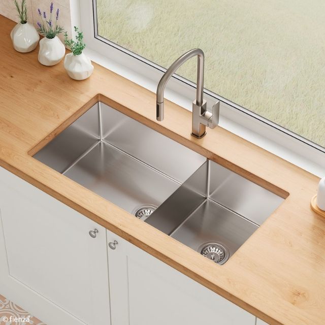 Buy Fienza Hana Double Bowl Sink 40L-27L Slim Divider Top/Undermount 892X450X200mm 68406 - The Blue Space