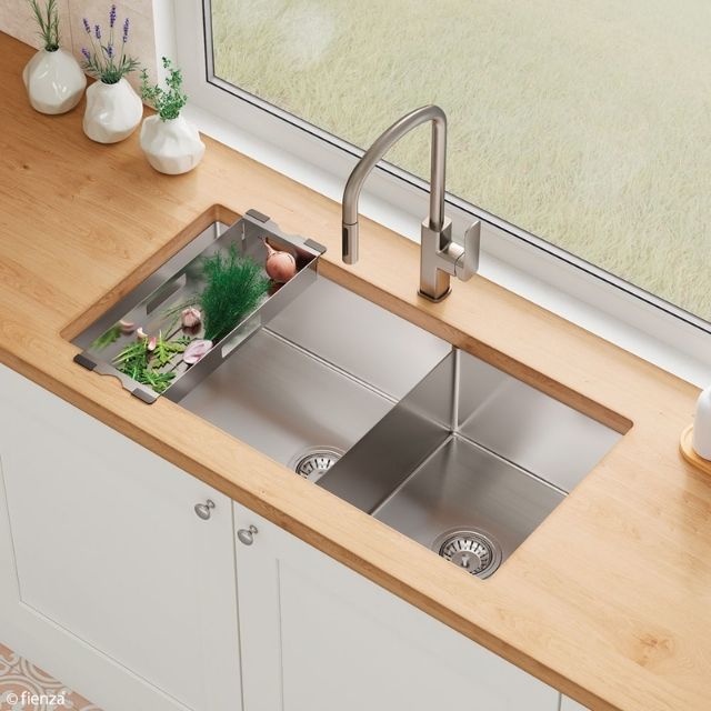 Shop Fienza Hana Double Bowl Sink 40L-27L Slim Divider Top/Undermount 892X450X200mm 68406 - The Blue Space