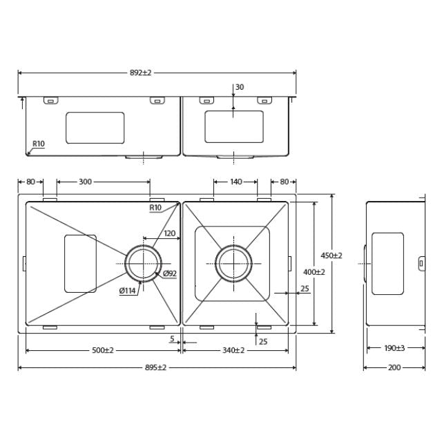 Technical Drawing Fienza Hana Double Bowl Sink 40L-27L Slim Divider Top/Undermount 892X450X200mm 68406 - The Blue Space