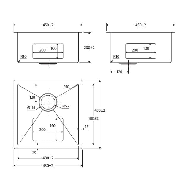 Technical Drawing Fienza Hana Single Bowl Sink 32L Anti Scratch Gun Metal 450X450X200mm 68401ASGM - The Blue Space