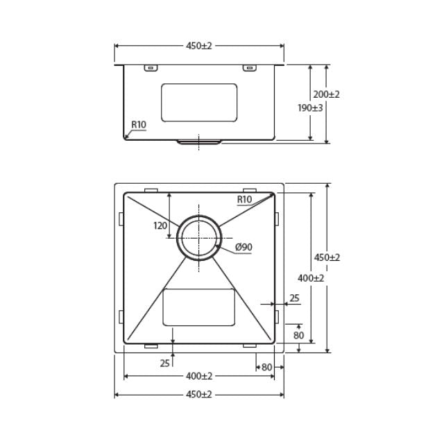 Technical Drawing Fienza Hana Single Bowl Sink 32L Carbon Metal Includes Sink Protect Top/Undermount 450X450X200mm 68401CM - The Blue Space