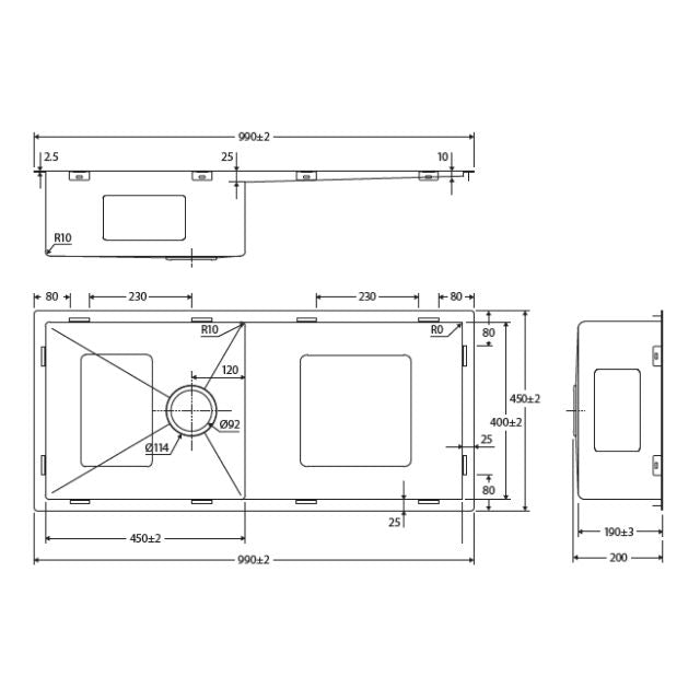 Technical Drawing Fienza Hana Single Bowl Sink 36L With Drainer Top Mount 990X450X200mm 68404 - The Blue Space
