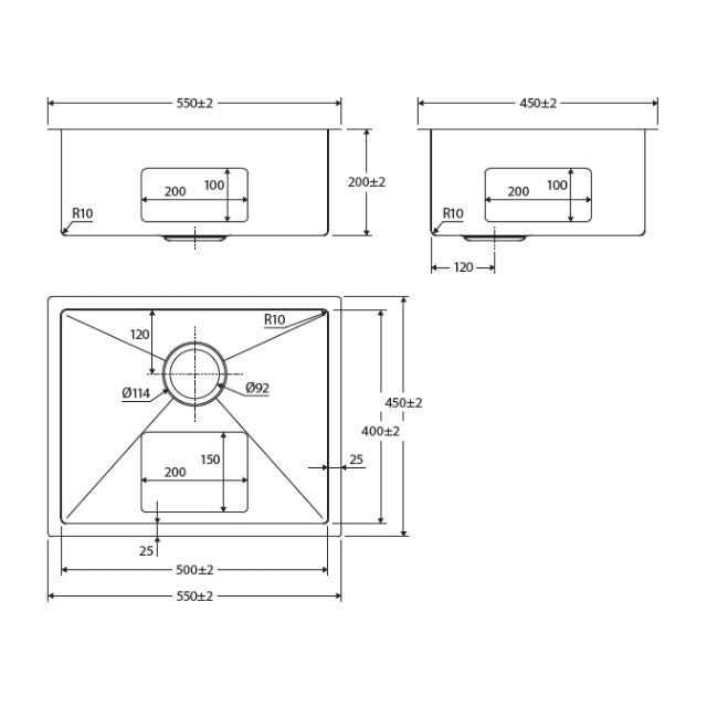 Technical Drawing Fienza Hana Single Bowl Sink 40L Anti Scratch Gun Metal 550X450X200mm 68402ASGM - The Blue Space