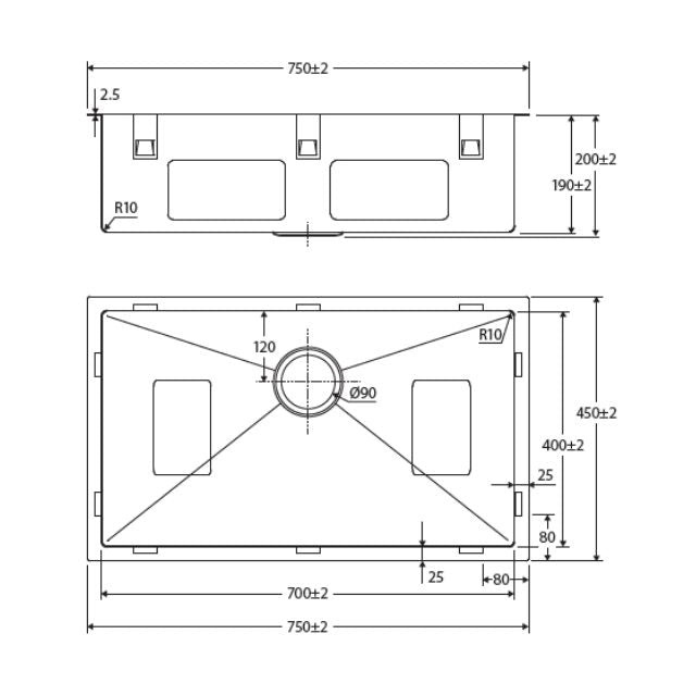 Technical Drawing Fienza Hana Single Bowl Sink 55L Top/Undermount 750X450X200mm 68405 - The Blue Space