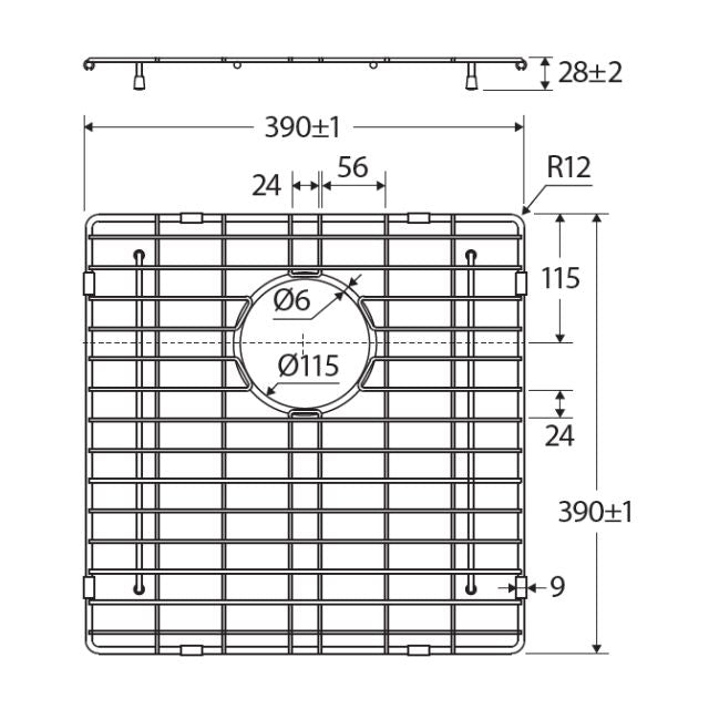 Technical Drawing Fienza Hana Sink Protector 32L Carbon Metal 390X390X5mm A23CM - The Blue Space