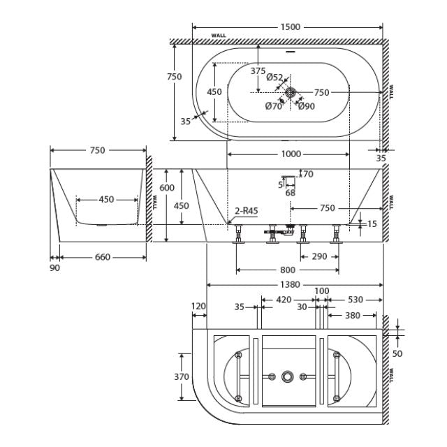 Technical Drawing Fienza Isabella Acrylic Corner Bath 1500 with Overflow Gloss White - Left Handed Corner The Blue Space
