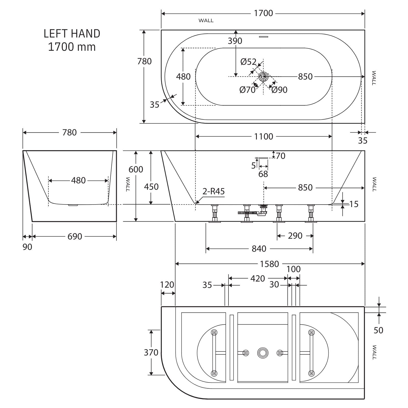 Technical Drawing Fienza Isabella Left Hand Acrylic Corner Bath with Overflow 1700mm - Matte White FR67-1700L-MW-OF - The Blue Space