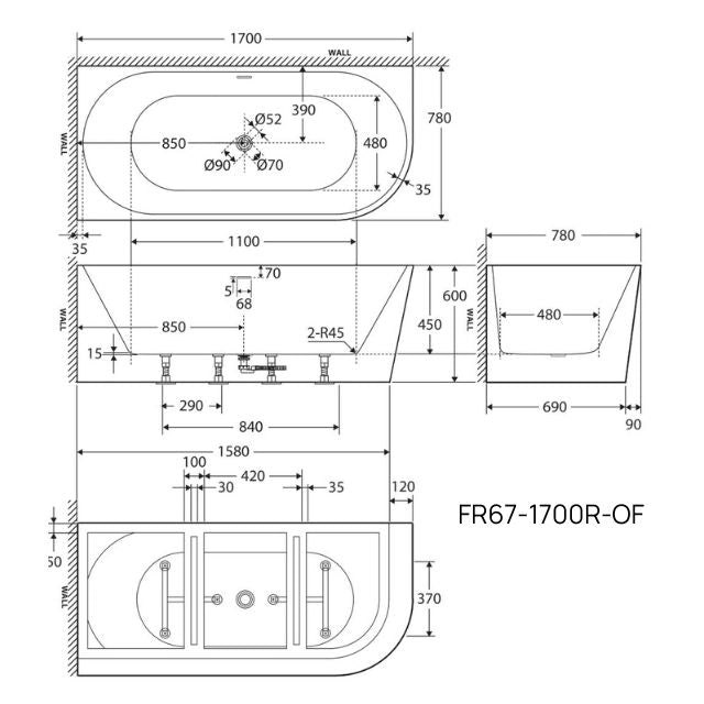 Fienza Isabella Right-Hand Acrylic Corner Bath with Overflow. Technical Drawing, 1700mm - The Blue Space