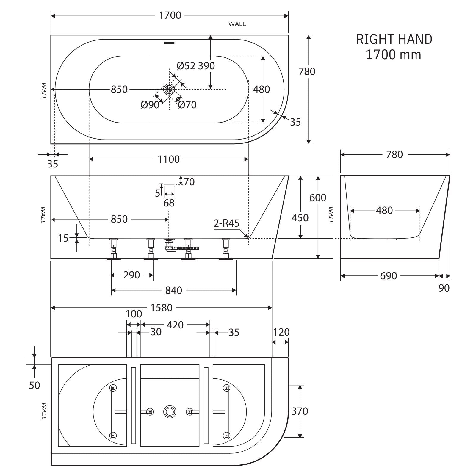 Technical Drawing Fienza Isabella Right-Hand Acrylic Corner Bath with Overflow 1700mm - Matte White FR67-1700R-MW-OF - The Blue Space
