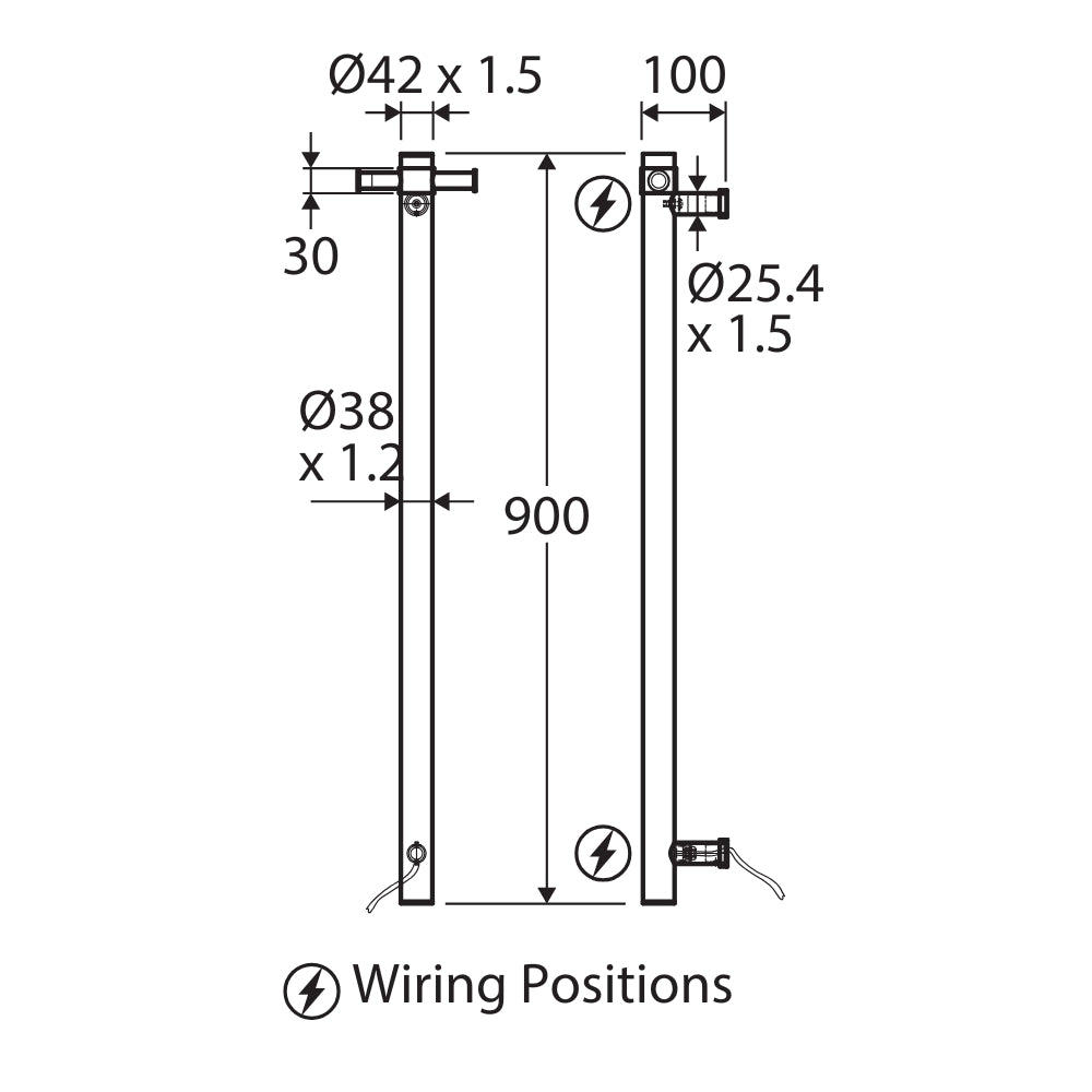 Technical Drawing Fienza Isabella Vertical Heated Towel Rail 100 x 900mm Brushed Nickel 827900BN - The Blue Space