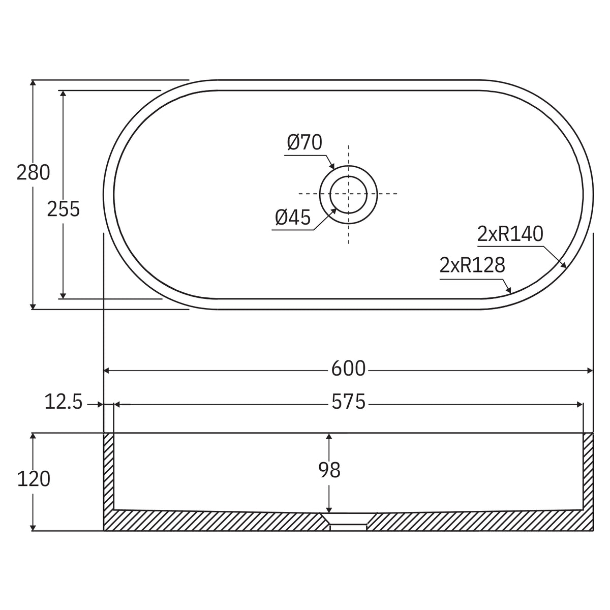 Technical Drawing Fienza Jada Pill Concrete Above Counter Basin - Lunar Terrazzo RB013LT