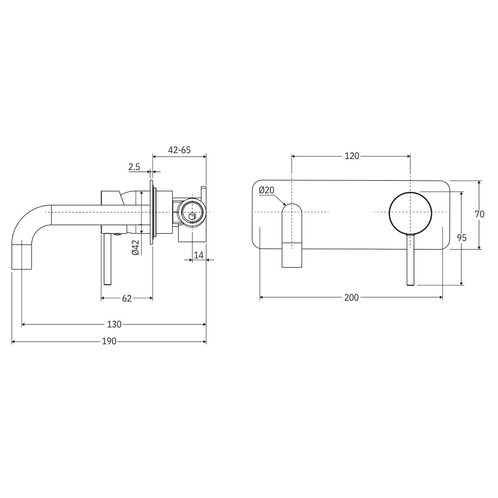 Technical Drawing Fienza Kaya Basin/Bath Wall Mixer Set Rectangular Plate 130mm Outlet Brushed Nickel 228106BN-130-LF - The Blue Space