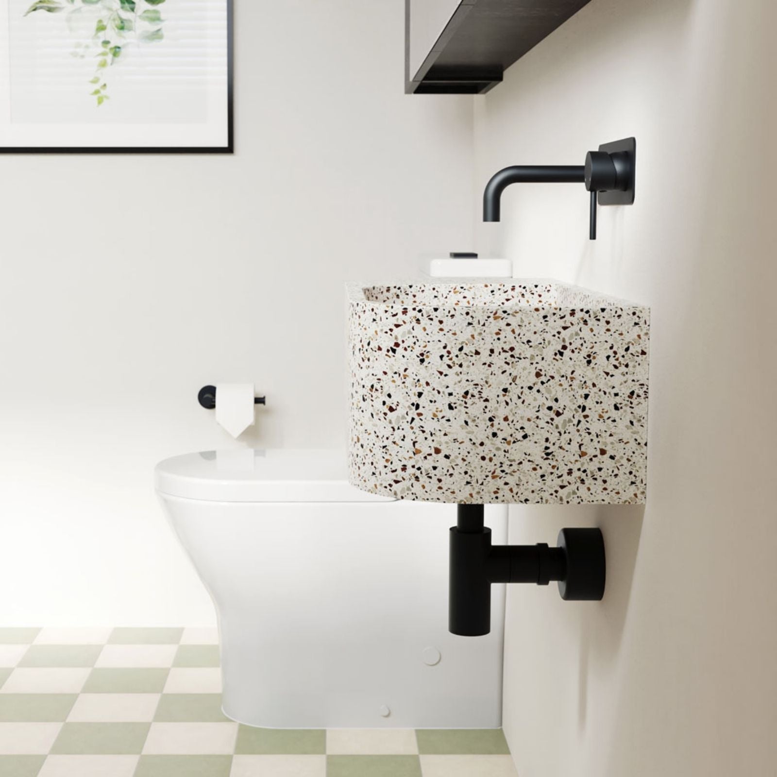 Lifestyle 1 Fienza Kaya Basin/Bath Wall Mixer Set Rectangular Plate 130mm Outlet Matte Black 228106B-130-LF - The Blue Space