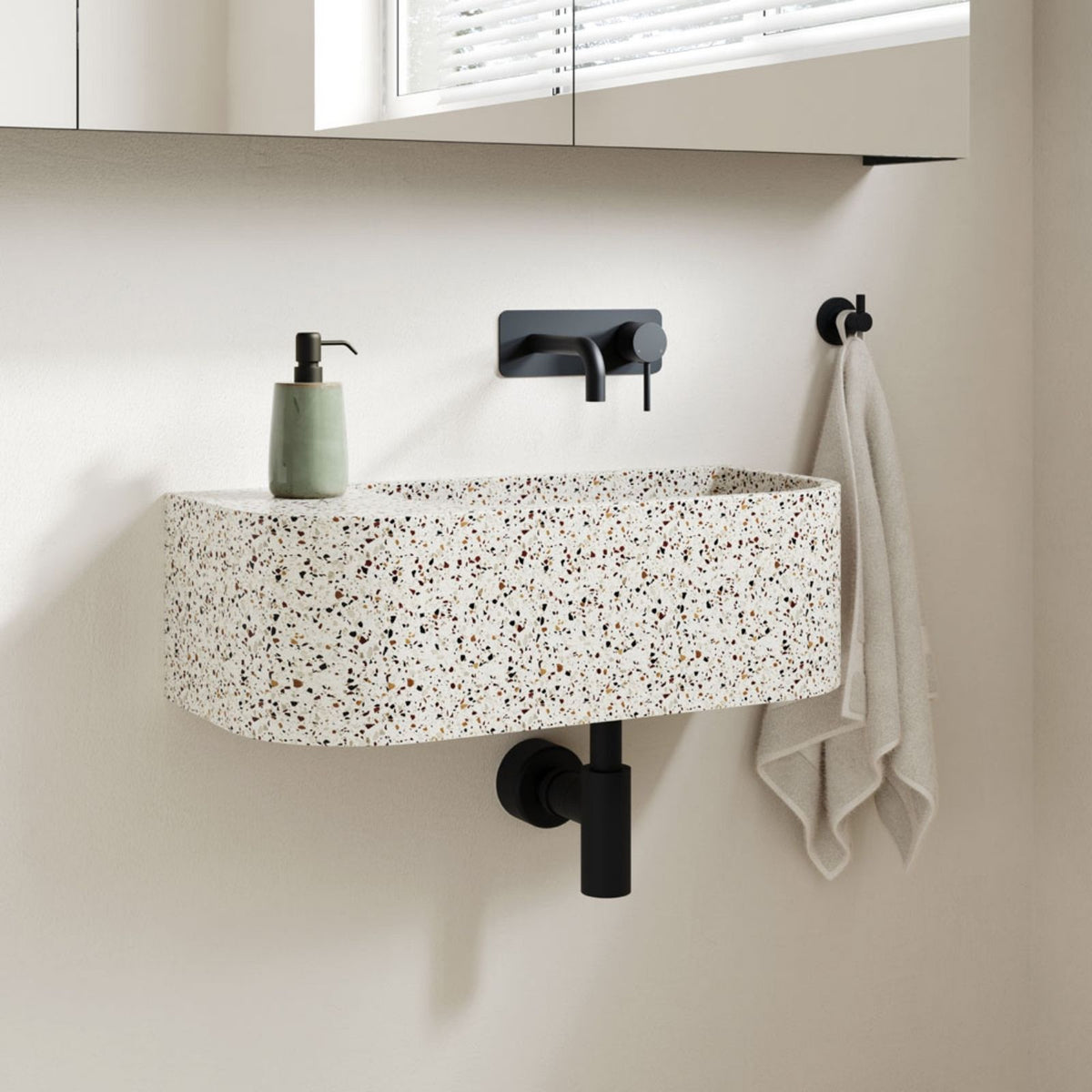 Lifestyle 3 Fienza Kaya Basin/Bath Wall Mixer Set Rectangular Plate 130mm Outlet Matte Black 228106B-130-LF - The Blue Space