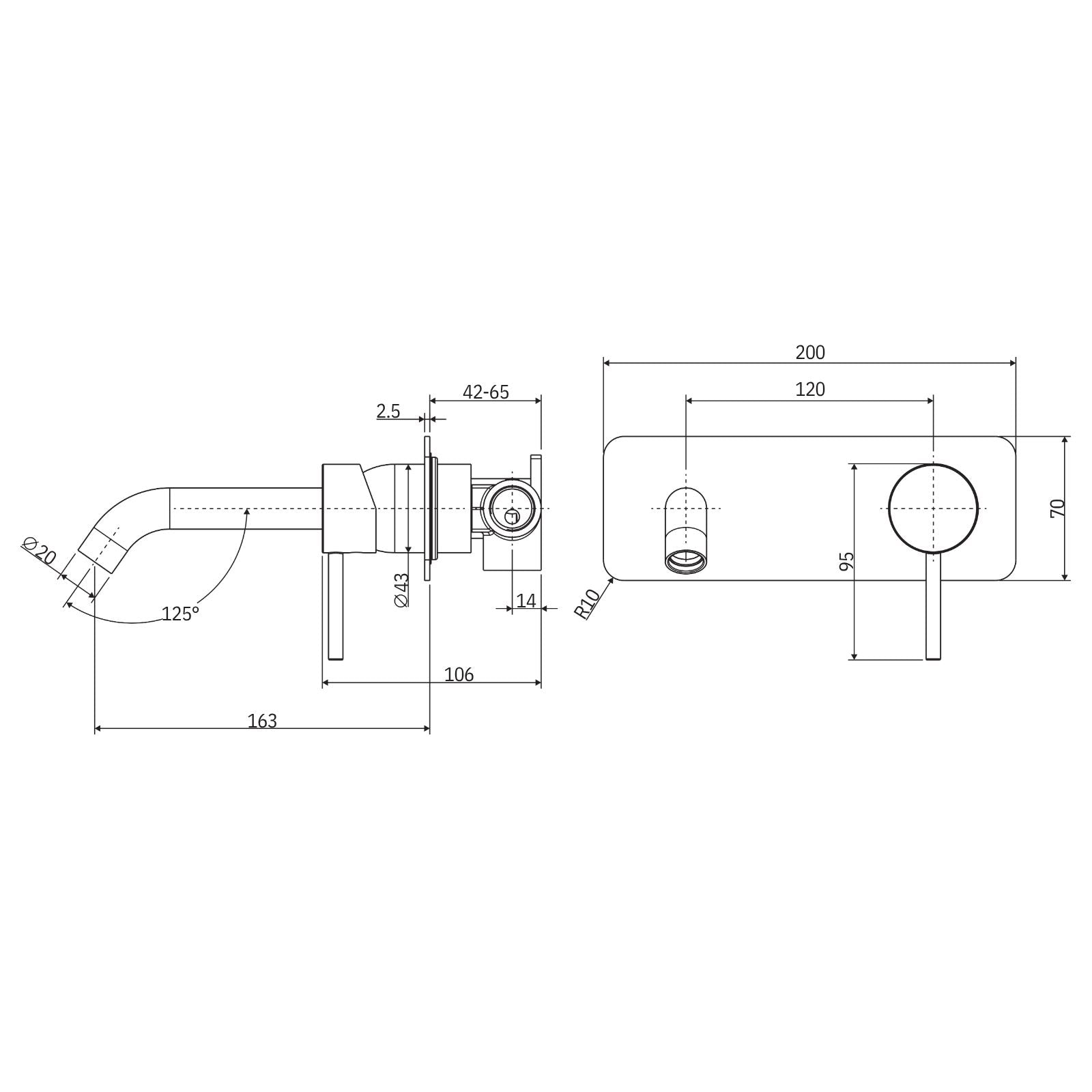 Technical Drawing Fienza Kaya Basin/Bath Wall Mixer Set Rectangular Plate 160mm Outlet Brushed Nickel 228106BN-LF - The Blue Space