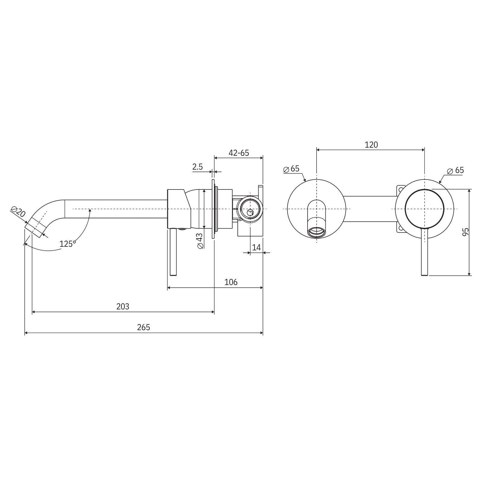 Technical Drawing Fienza Kaya Basin/Bath Wall Mixer Set Round Plates 200mm Outlet Brushed Copper 228104CO-200-LF - The Blue Space