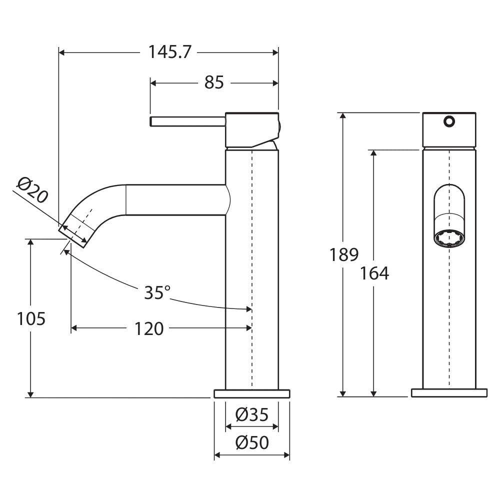 Technical Drawing Fienza Kaya Basin Mixer Brushed Copper 228103CO-LF - The Blue Space